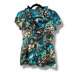 BCX Women's Medium Ruffle Neck Short Sleeve‎ Blouse Top Blue Green Brown